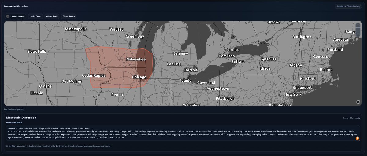 GLSevereNet's tweet photo. ...GLSN Mesoscale Discussion...
SUMMARY: The tornado and large hail threat continues across the area...
- Issued by Ryder, 2346Z 04.14.26
NOT A PRODUCT OF THE SPC https://t.co/EZfKDOzgNZ