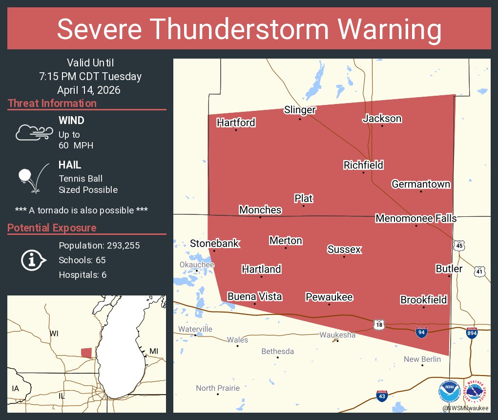 Severe Thunderstorm Warning continues for Brookfield WI, Menomonee ...