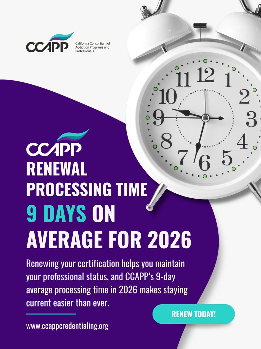 CCAPP4U's tweet image. 🚀 Fast, reliable renewals for 2026!
  
CCAPP’s renewal processing time now averages just 9 days, making it easier than ever to stay certified and supported. 

#ccappstrong #certification #behavioralhealth #professionalgrowth #renewals #careerdevelopment