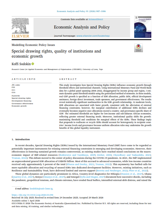 KoffiSodokin's tweet photo. 🔬 New publication | Economic Analysis and Policy (2026) “Special Drawing Rights, Quality of Institutions and Economic Growth”
Free at: https://t.co/HVcPc4mqT3
📄 Vol. 91, pp. 987–1006 | DOI: 10.1016/j.eap.2026.03.046
Are IMF SDRs always growth-enhancing? Not necessarily. Their impact depends on both allocation size and institutional quality.
📌 More SDRs ≠ more growth: there is an optimal threshold beyond which additional allocations become less productive and may hinder growth.
 🌍 Absorptive capacity differs: Sub-Saharan Africa sustains higher SDR-to-GDP ratios than Asia before reaching diminishing returns.
 🏛️ Institutions matter: stronger governance raises the threshold and mitigates adverse effects.