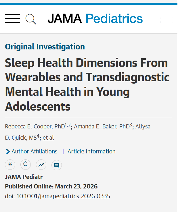 Wearables indicate six sleep health dimensions in young adolescents. Sleep irregularity and shorter duration were associated with transdiagnostic mental health symptoms. ja.ma/3NHSADH