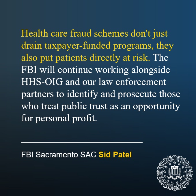 FBISacramento's tweet image. A #Fresno podiatrist and a #Clovis pharmaceutical sales representative were sentenced to more than five years in federal prison for conspiracy to commit health care fraud by submitting false claims to Medicare, Medicaid, and Medi-Cal. Visit  justice.gov/usao-edca/pr/p… to learn more.