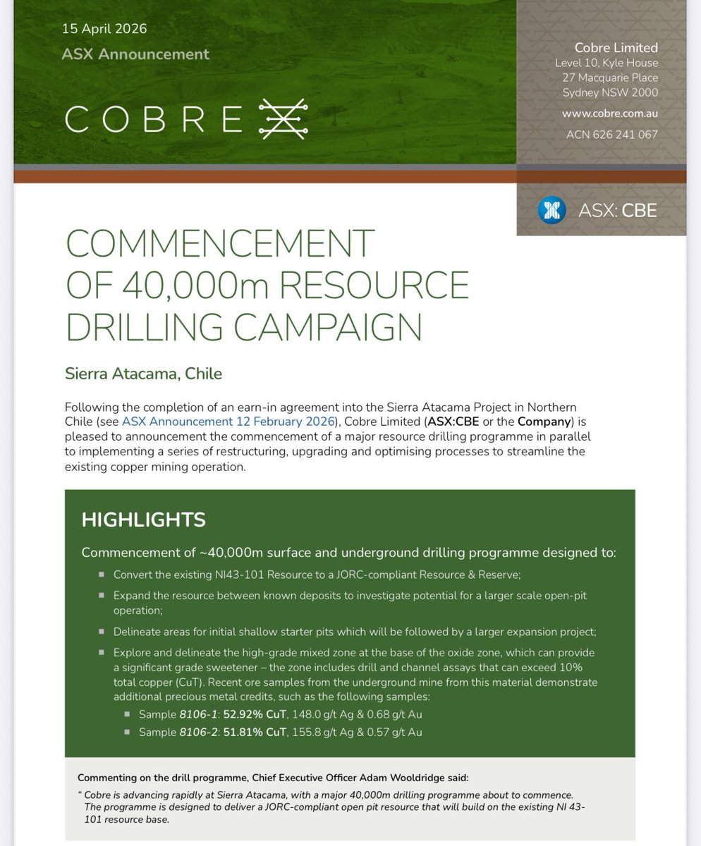 Just announced: <a href="/CobreLimited/">COBRE LIMITED</a> commencement of a 40,000m drilling program aimed at converting the existing open pit NI 43-101 resource into a JORC. This marks a pivotal step toward transitioning from underground mining to open pit operations, significantly expanding the potential