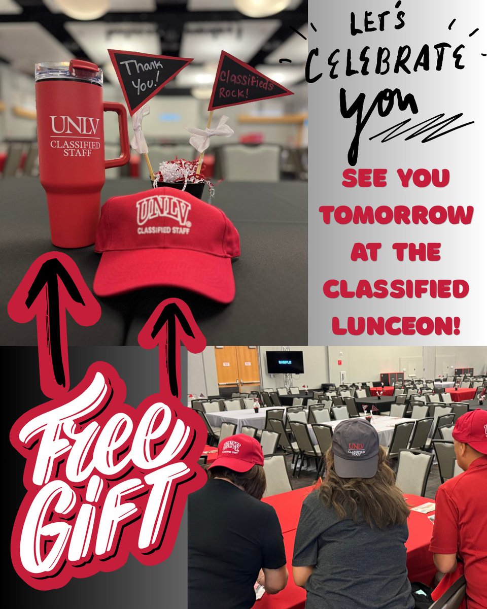 UNLVClassified's tweet image. 🚨 Tomorrow is the day! Join us for the UNLV Classified Staff Luncheon at 12:00 PM in the Student Union Ballroom! 🍴✨We’ve got free gifts for you:🧢 Exclusive Staff Baseball Hat🥤 Large Staff Water Cup Don’t miss out! ❤️👟 #UNLV #StaffAppreciation #FreeSwag