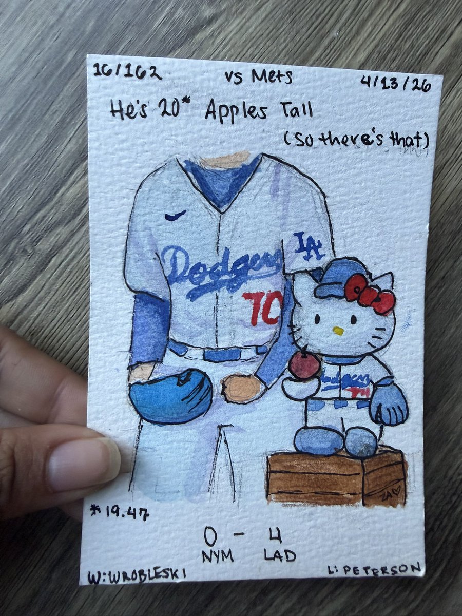 ZoeAdriel's tweet image. A small painting every dodger game. 

Finished the painting for last night’s game! Justin Wrobleski is 19.47 apples tall. I know you’re supposed to round down but I thought rounding up would be funnier.