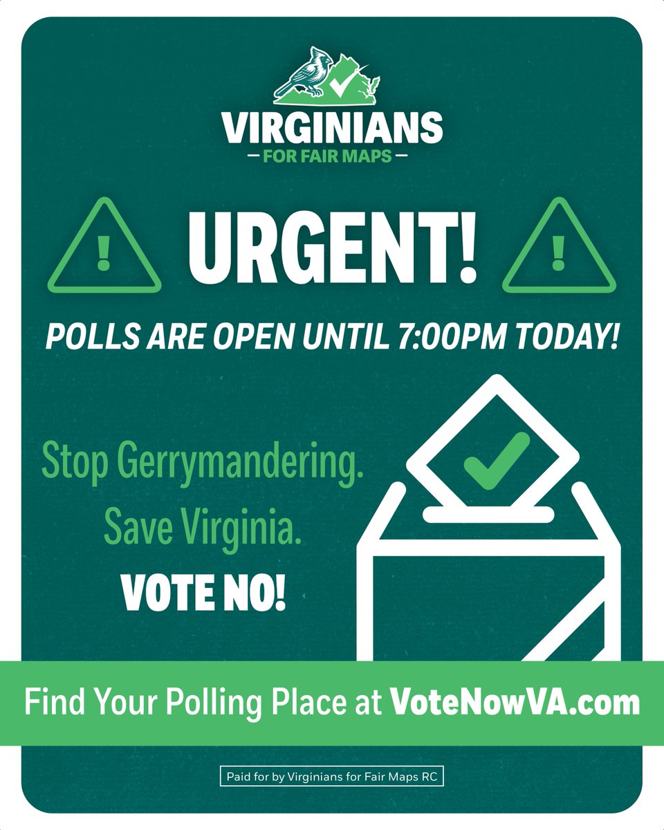 JasonMiyaresVA's tweet photo. You only have a few more hours to stop the Democrat's power grab that will silence millions of Virginians.

Make your voice heard.

VOTE

Vote No!

Save Virginia.

Vote at your normal polling location by 7pm today! https://t.co/dMH76xfOGV