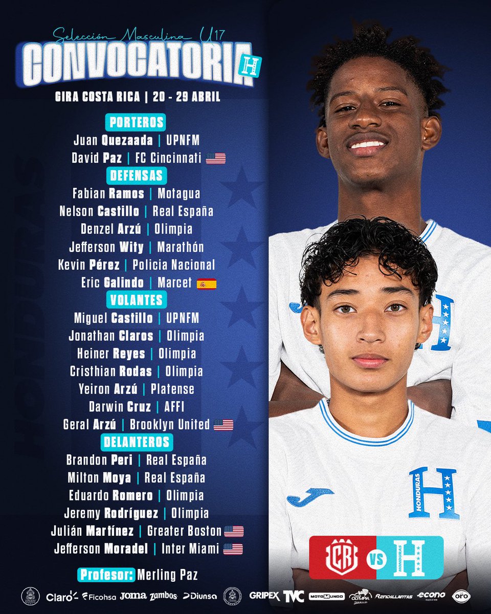 📋⚽️ ¡Convocatoria oficial! #HU17 🇭🇳

💪 El seleccionador nacional Merling Paz presenta la lista de jugadores convocados de la Selección Nacional U-17 para la gira de preparación en Costa Rica 🇨🇷.

🔥 La HU-17🇭🇳 continúa su camino rumbo a la Copa del Mundo con partidos de fogueo