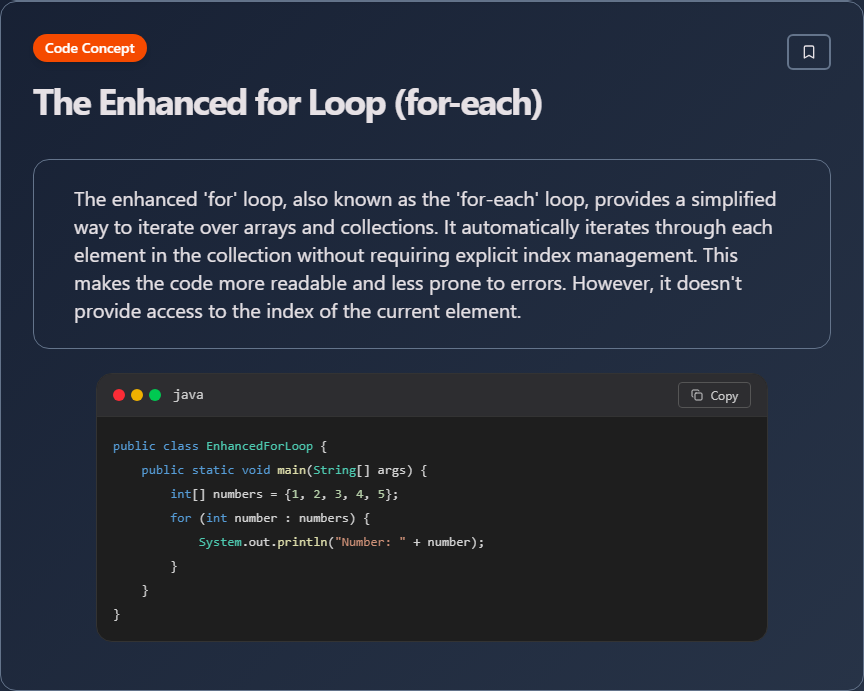 techielearnapp's tweet image. ✨ The Enhanced for Loop (for-each) (Java)

#Java #JavaDev #OOP #Backend #100DaysOfCode #DevLife