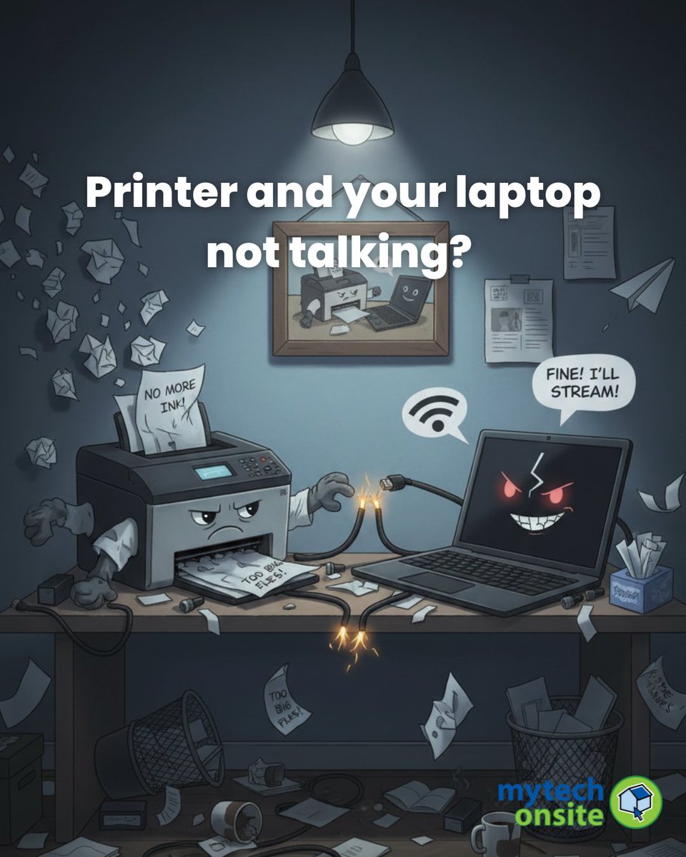 mytechonsite's tweet photo. The "Printer vs. Laptop" struggle is perhaps the most iconic rivalry in tech history. Not to mention it usually happens exactly five minutes before you need to leave for an appointment or mail a package. 

#TechSupport #printerproblems #LocalTech #DigitalStress #SmallBusiness https://t.co/QI0Szp5iPq