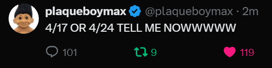 PlaqueBoyMax teases the release date for his 2nd EP “Crash Dummy” in a newly deleted tweet 👀

"4/17 OR 4/24 TELL ME NOWWWWW"