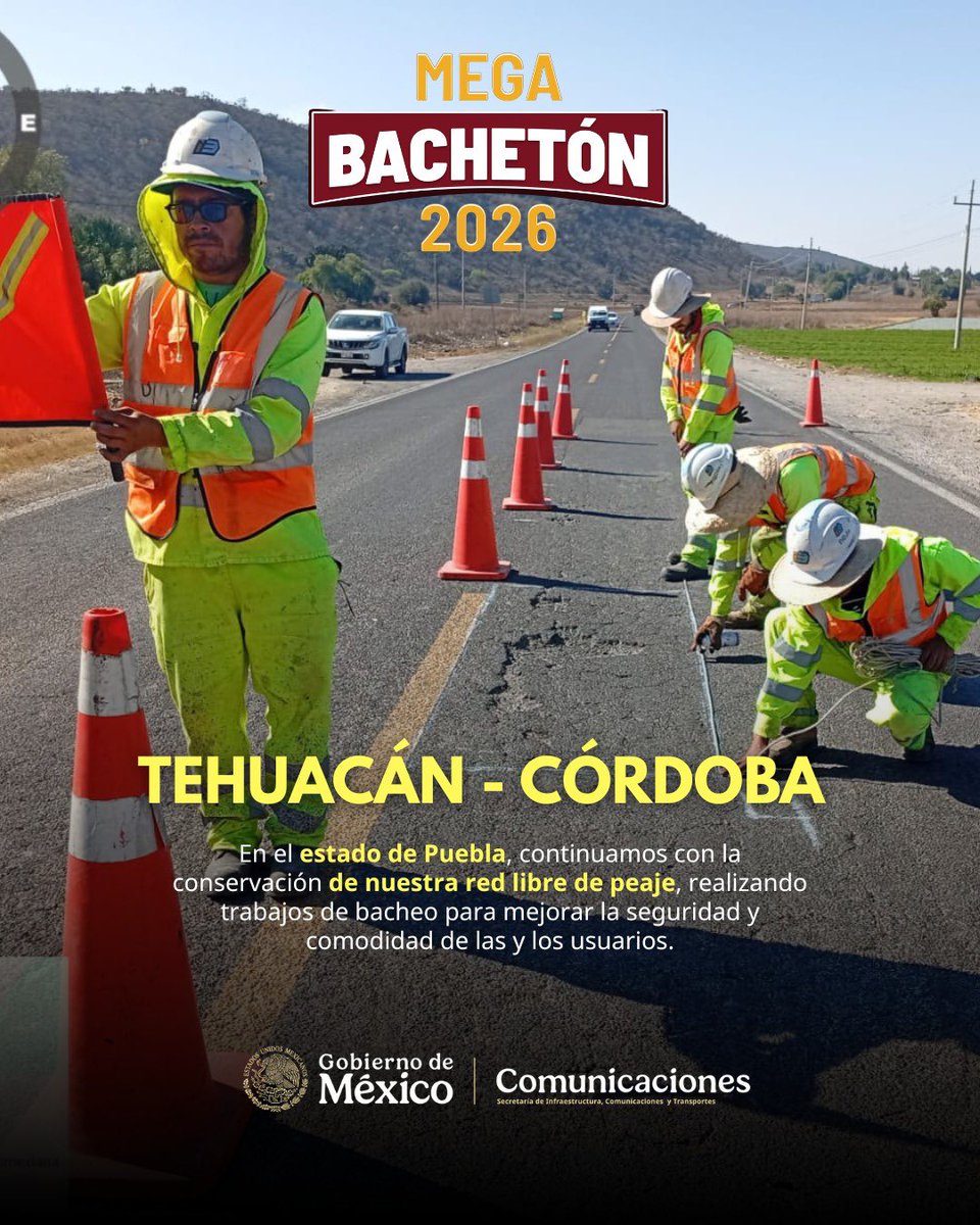 🚧 Megabachetón 2026 en el Estado de Puebla 🚧

En el estado de Puebla, continuamos con la conservación de nuestra red libre de peaje, llevando a cabo trabajos de bacheo para mejorar la seguridad y comodidad de las y los usuarios.

📍 Tramo: Tehuacán – Córdoba

Conduce con