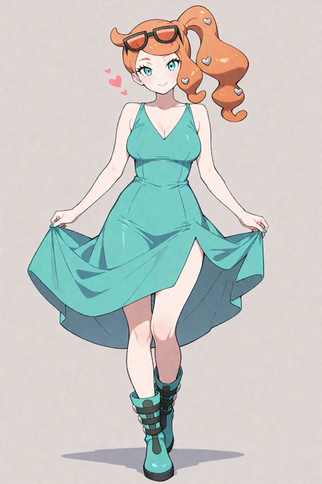 poke0665's tweet image. SFW illustration. Wholesome anime art of Sonia from Pokemon in an elegant teal sundress with sunglasses. Family-friendly, all-ages appropriate. No suggestive content whatsoever. #Pokemon #Sonia #animeart #fanart