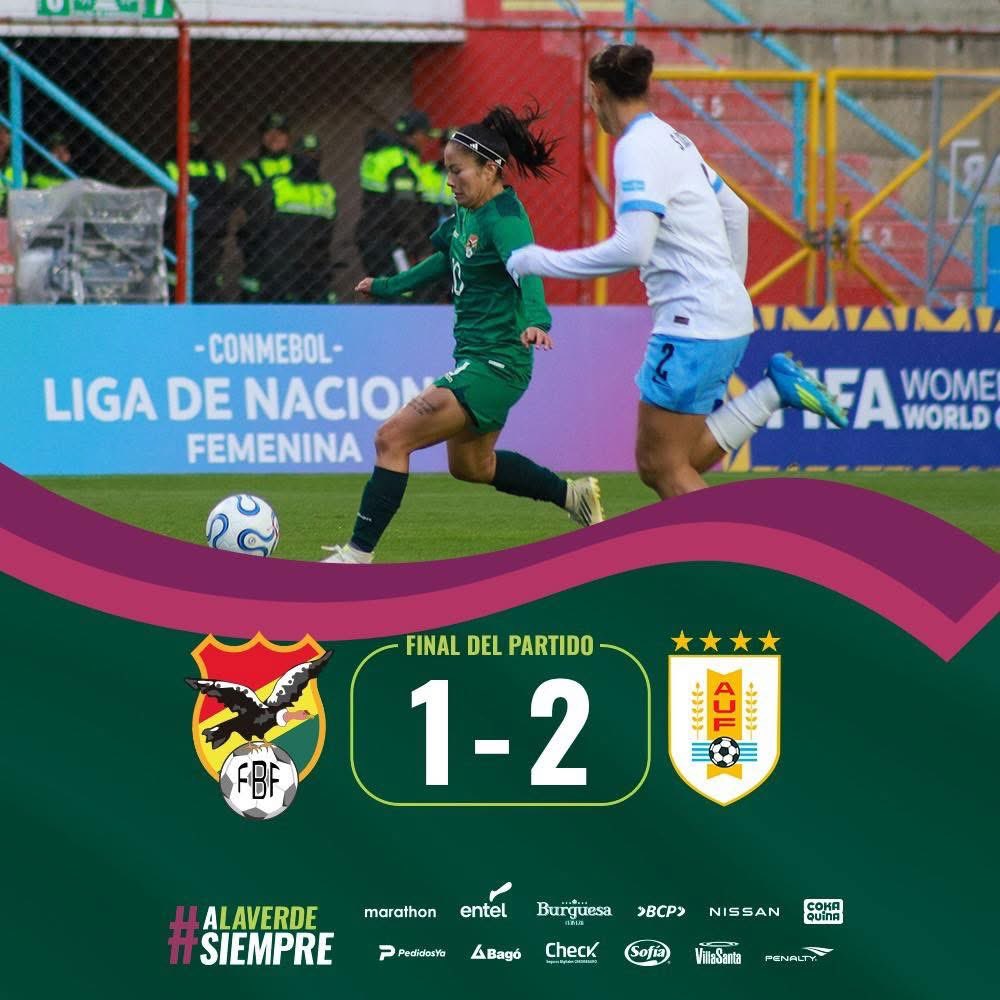 laverde_fbf's tweet image. | ¡FINAL DEL PARTIDO!

🏆 CONMEBOL Liga de Naciones Femenina

🇧🇴 #Bolivia 1 - 2 #Uruguay 🇺🇾

⚽️ Cielo Veizaga (Bol)

#ALaVerdeSiempre❤️💛💚 
#FBFtrabajando