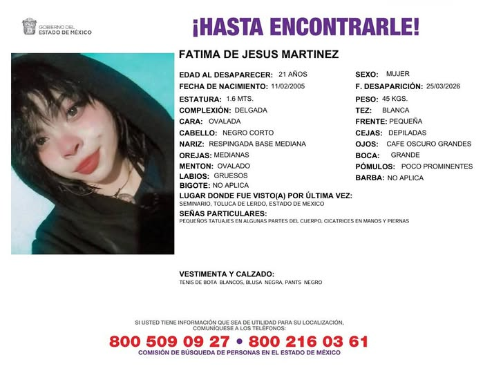 Solicitamos de tu apoyo en difusión para dar pronta localización a FATIMA DE JESUS MARTINEZ, comunícate a los teléfonos al pie del boletín. #todosenlabúsqueda
