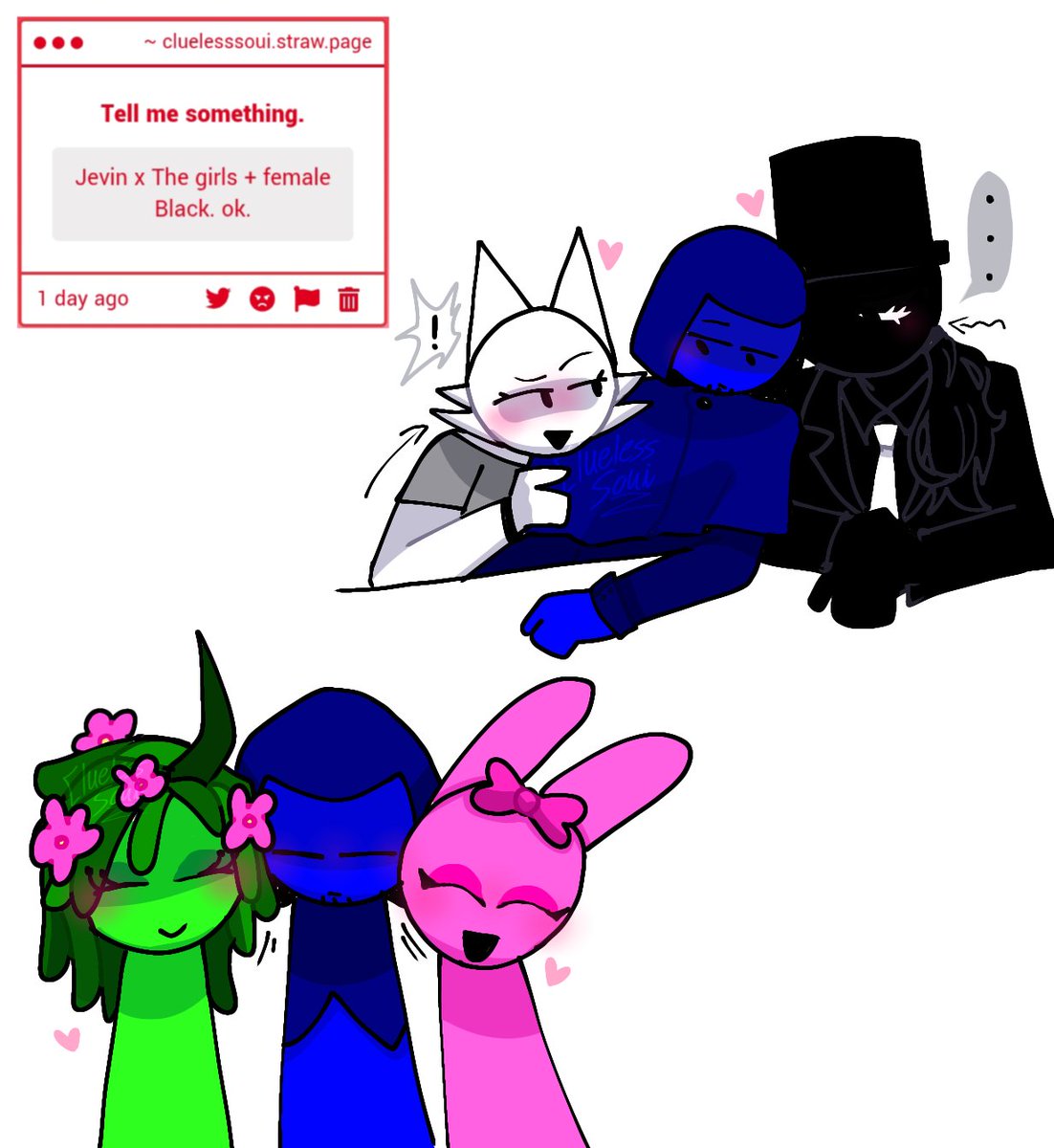 CluelessSoui's tweet photo. Tunner x Garnold, Vineria x Garnold x Clukr, Simon x Durple, Black x Vineria, Black x Gray, Gray x Durple, Simon x Vineria, Jevin x Vineria x Wenda x Pinki x Black
β #sprunki #sprunkifanart #sprunkiships #sprunkiart #sprunkifandom #NOTENOUGHTAGSARUGH #fanart #incrediboxsprunki https://t.co/mlulLMMDoc