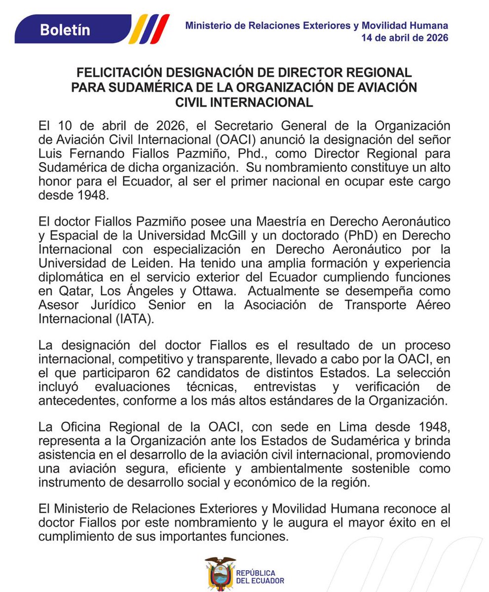 El Señor Fernando Fiallos Pazmiño ha sido designado como Director Regional para Sudamérica de la OACI. Es la primera vez que un ecuatoriano 🇪🇨 ocupa este cargo. ¡Éxitos en sus funciones!