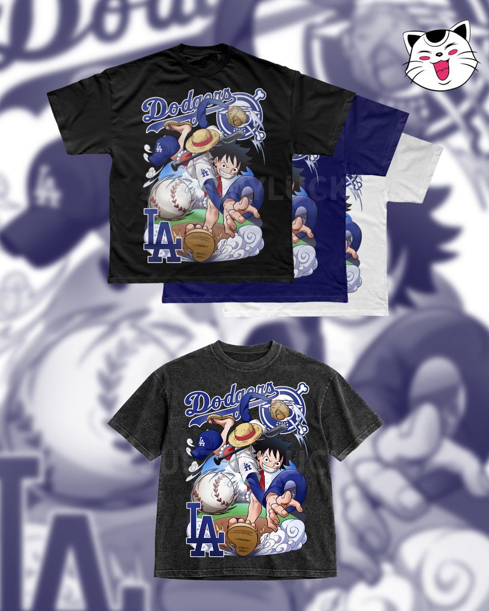 JustMyLuckJP's tweet photo. DODGER LUFFY DROP AVAILABLE FOR PREORDER NOW! 🔵🔥 SHIRTS AND STICKERS!  

https://t.co/vkiqsCua15 https://t.co/FSsux3HnQ3