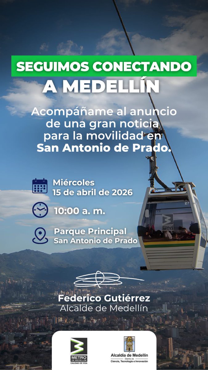 Mañana tendré muy buenas noticias para nuestro Corregimiento de San Antonio de Prado. 🙏🏻