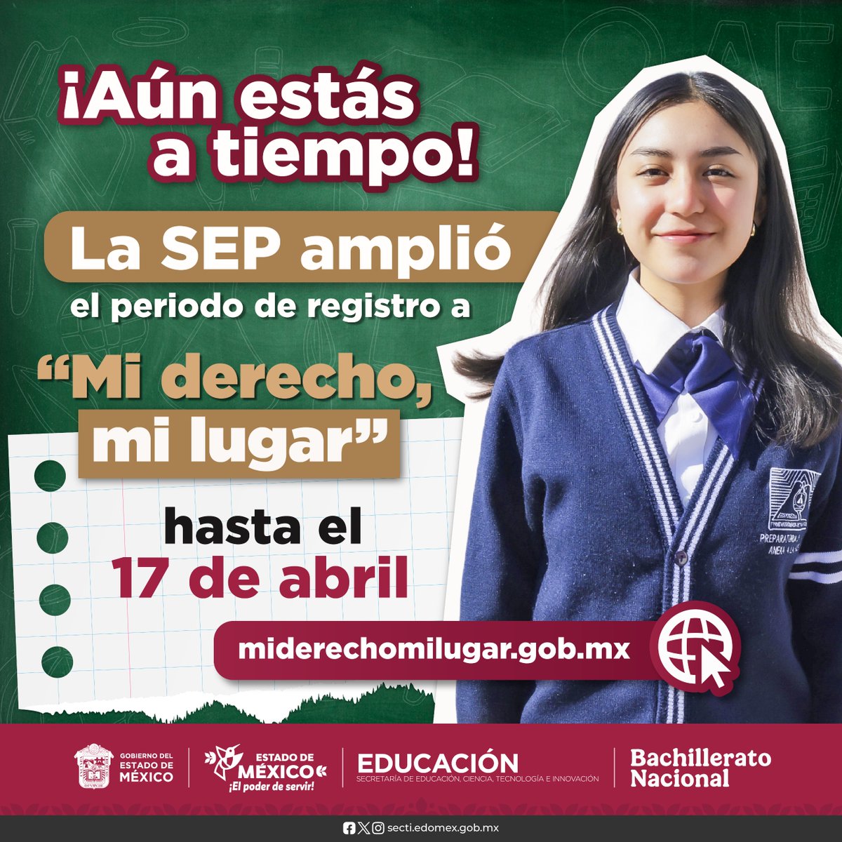 SeducEdoMex's tweet photo. 📚✨¡Atención aspirantes al programa #MiDerechoMiLugar! 

La @SEP_mx amplió el periodo de registro hasta el 17 de abril para facilitar el ingreso a la educación #MediaSuperior en el Valle de México y Zona Oriente del #EdoMéx.

💻 https://t.co/Z5j9Y8Kvyk
#BachilleratoNacional https://t.co/OzICbhf2Ro