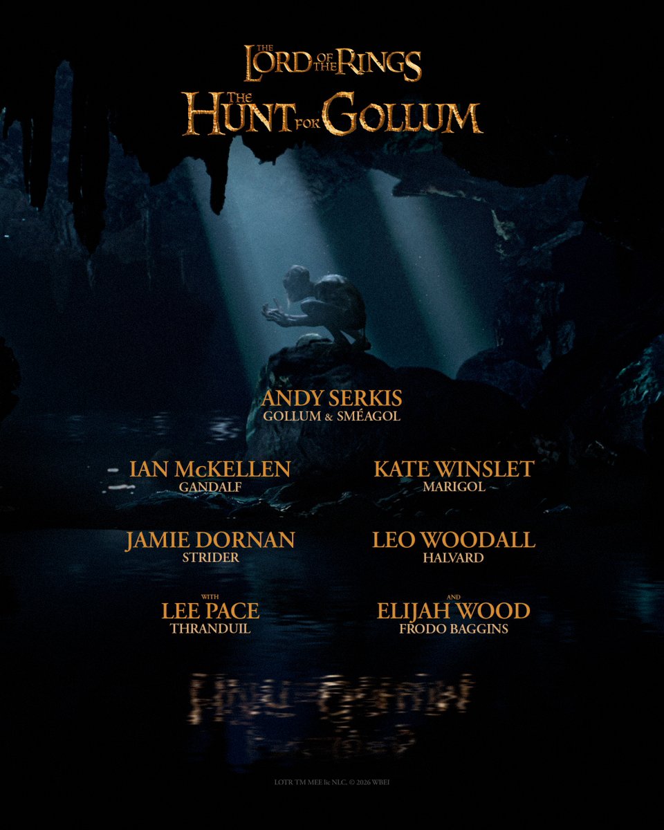 DEADLINE's tweet photo. Announced at #CinemaCon:  

'The Lord of the Rings: The Hunt of Gollum' full cast has been revealed

Andy Serkis - Gollum & Sméagol
Ian McKellen - Gandalf the Grey
Lee Pace - Thrandruil
Elijah Wood - Frodo Baggins
Jamie Dornan - Strider
Leo Woodall - Halvard
Kate Winslet - Marigol