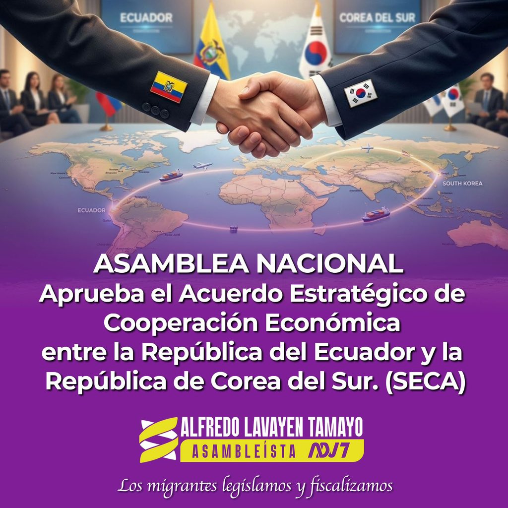 AlfredoTamayoOk's tweet image. Ecuador avanza al mundo 🇪🇨🤝🇰🇷

Aprobamos el Acuerdo de Cooperación Económica con Corea del Sur (SECA), impulsando el comercio y la inversión para el desarrollo del país.

Seguimos legislando por nuestros migrantes y por un Ecuador más fuerte y conectado.

 #SECA