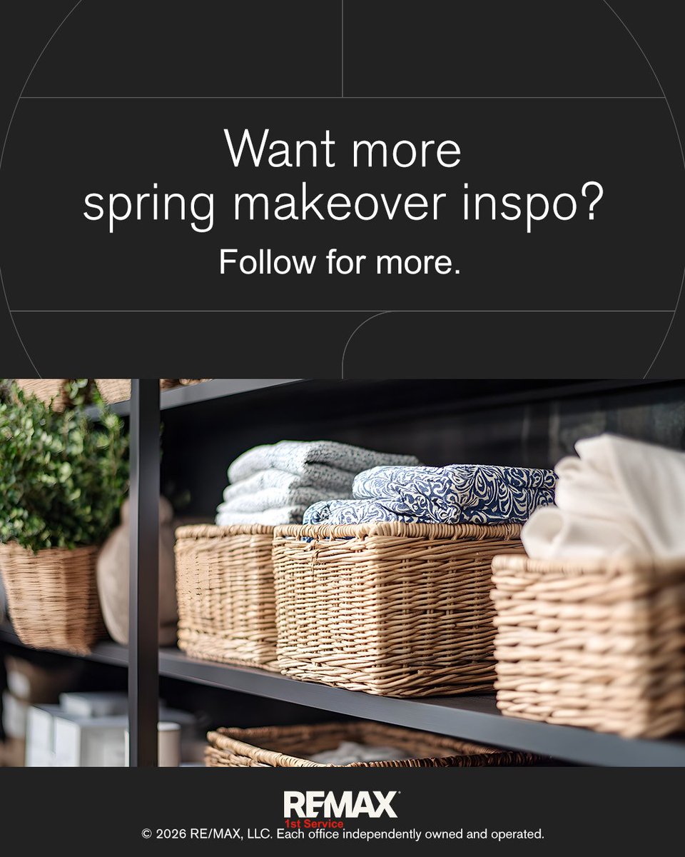 REMAX1stService's tweet image. ✨ Spring reset tip

Declutter your space
Organize smart
Create a clean, calm home
🏡 Big impact if you plan to sell
What are you tackling first?

Follow for more home inspo

#SpringCleaning #Declutter #HomeTips