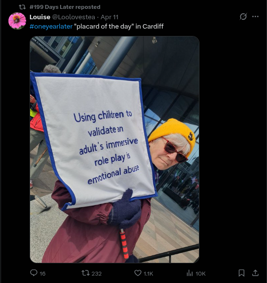 AGP_Awareness's tweet image. Spilling the AGP t ☕️ at the #OneYearLater protests Saturday 11 April 2026 

Great to see the word autogynephile out and about in 
#Cardiff #Plymouth #Manchester

x.com/Loolovestea/st…
x.com/Belstaffie/sta… 
x.com/DingsdaleJ9529…

Stay Alert 👀