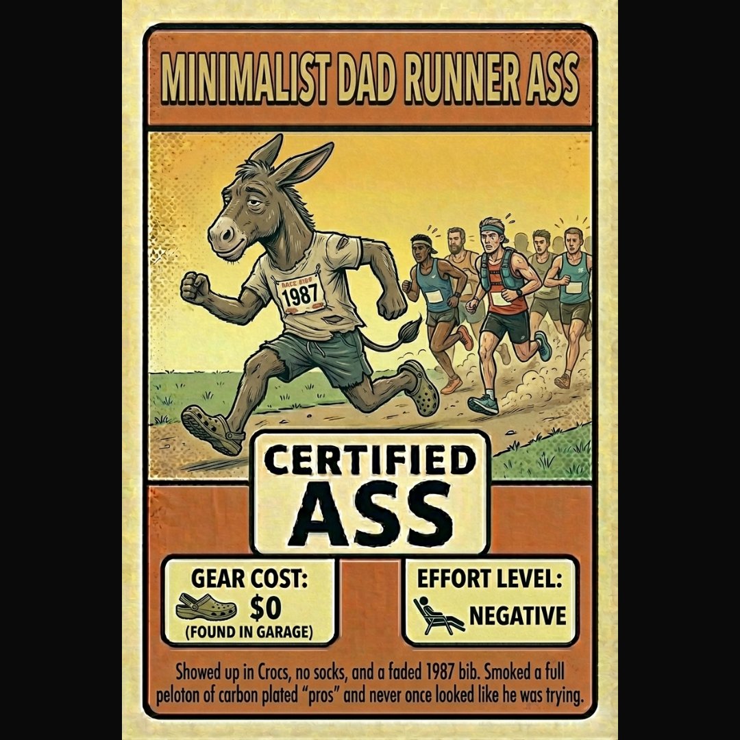 asssawards's tweet photo. You have been nominated for the Minimalist Dad Runner Ass Award. Your decision to compete in Crocs, no socks, and a bib from the Reagan administration may appear reckless to those dependent on corporate athletic solutions. But if eve...

#AssAwards #CertifiedAss #runnerproblems https://t.co/QzzsEfmmYF