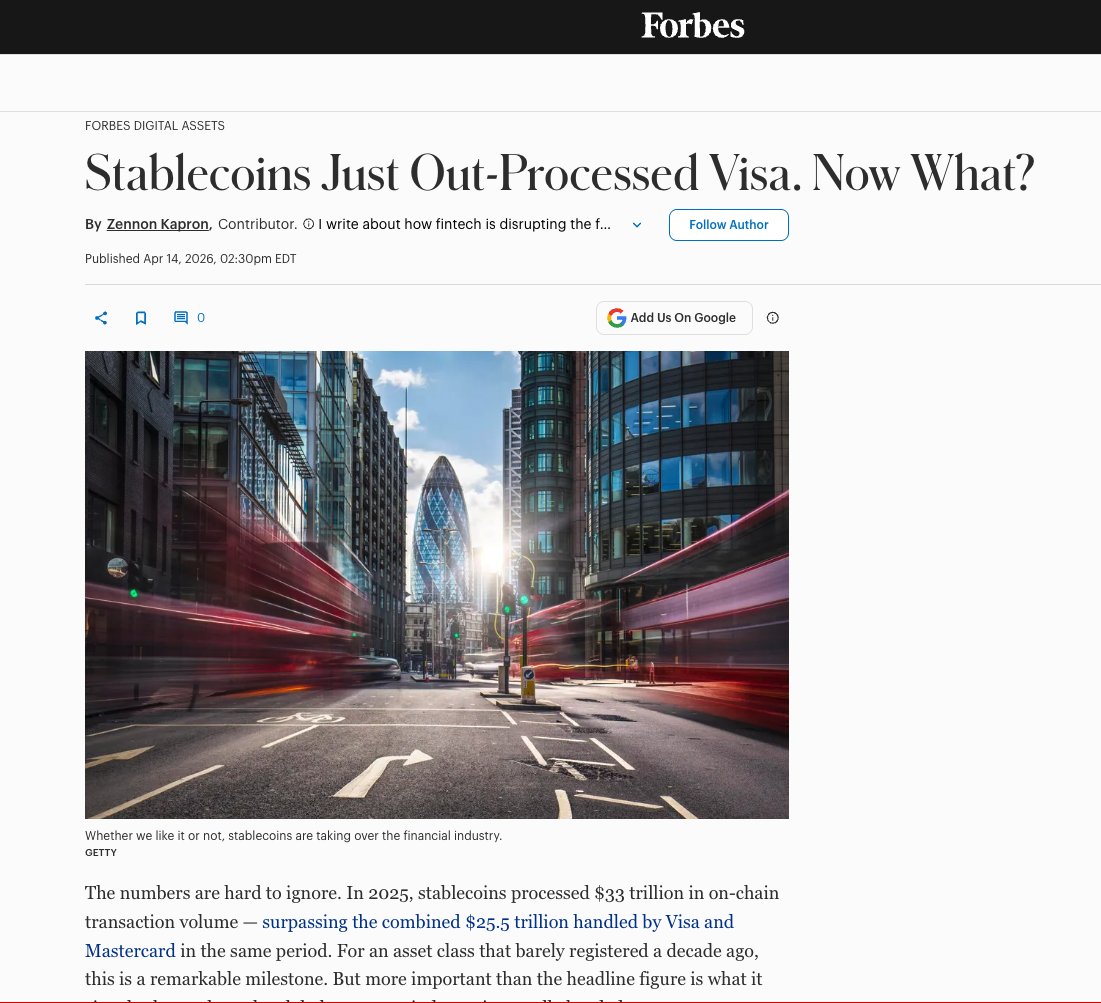 organ_danny's tweet image. the stablecoin revolution is here!

"In 2025, stablecoins processed $33 trillion in on-chain transaction volume — surpassing the combined $25.5 trillion handled by Visa and Mastercard in the same period" c/o @ForbesCrypto