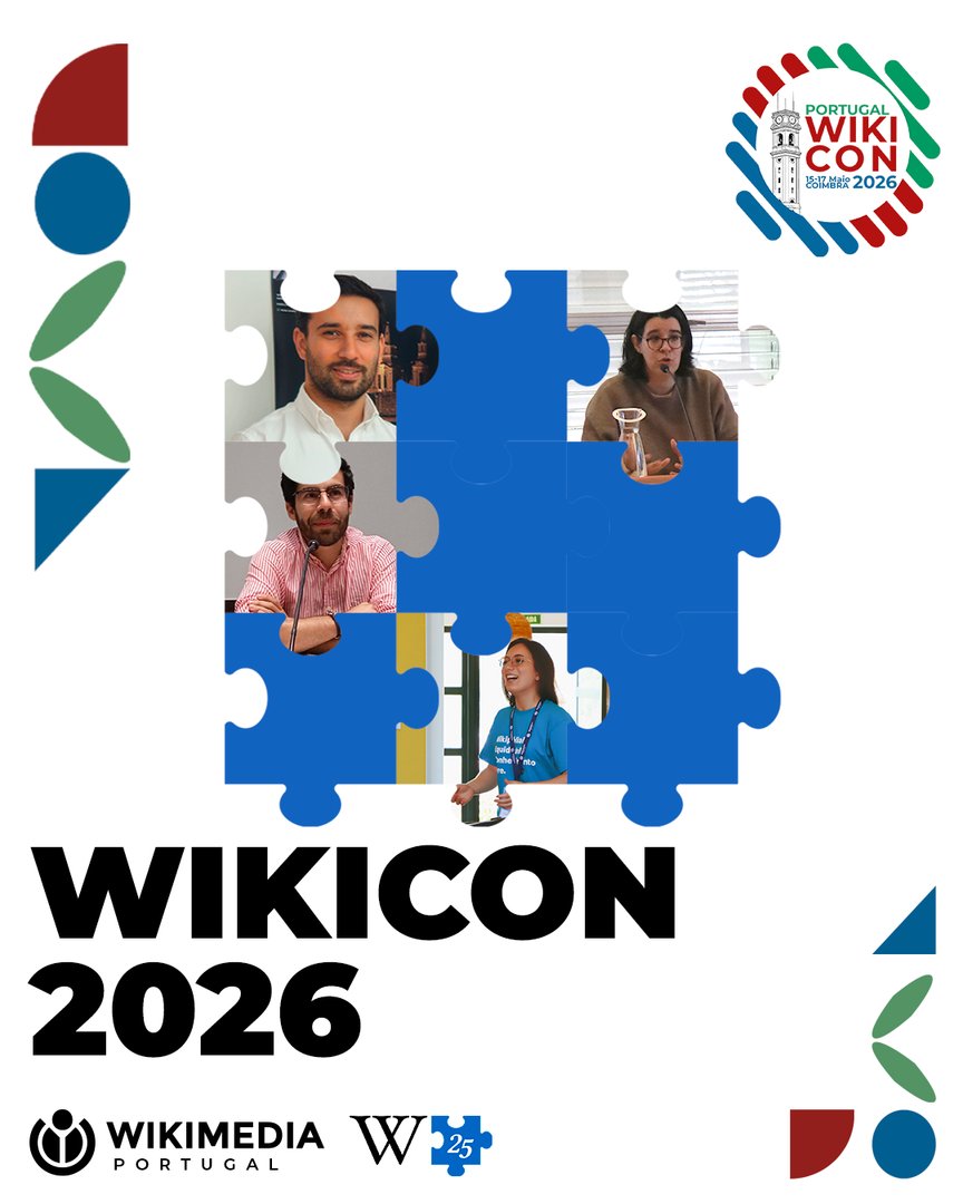 wikimediapt's tweet photo. A WikiCon 2026 fica completa contigo: és a peça que falta no nosso puzzle! 🧩
Hoje, apresentamos o staff Wikimédia Portugal.
👉 Inscreve-te e garante o teu lugar para dia 15 de Maio: https://t.co/IPIvNVjIiM
#WikiConPT2026 #Wikimedia #Wikipedia25 https://t.co/wQ9OFwoidL