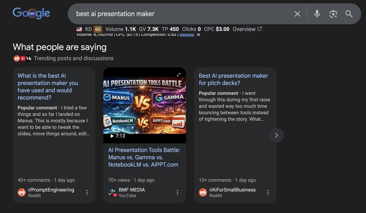 illyism's tweet image. 🚨 GOOGLE: now has a "what people are saying" box in search results pulling from:
- youtube shorts
- instagram reels
- linkedin posts
- reddit
- x/twitter
- medium

if you're only doing blog SEO you're missing half the SERP real estate, social is now part of the SEO channel