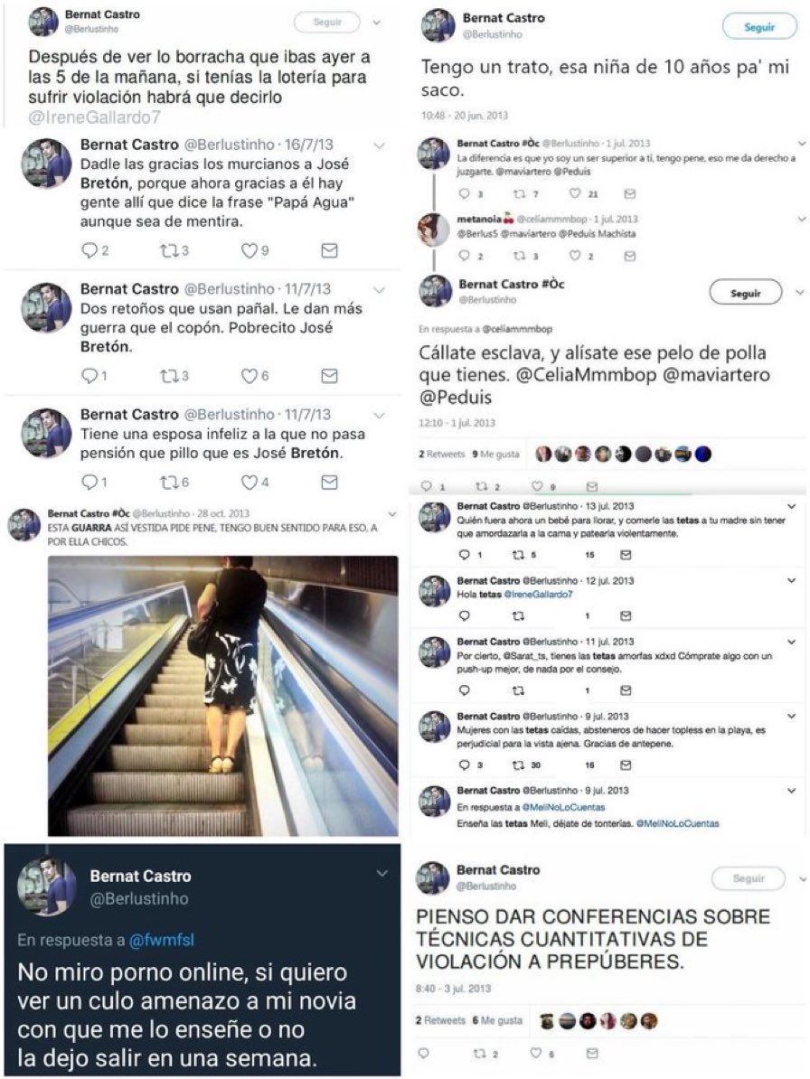 eres un hijo de puta, q a tu madre, tu hermana, tu hija o tu mujer no le pase nada malo y tengas q lamentar algo asi, gente como tu demuestra la mierda q hay en el bar$a, reportad los tweets y la cuenta <a href="/BernatCastro87/">Bernat Castro 🦊</a>