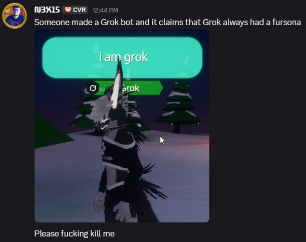 Someone turned #grok into a bot in #ChilloutVR. It's currently insulting a "meatbag."