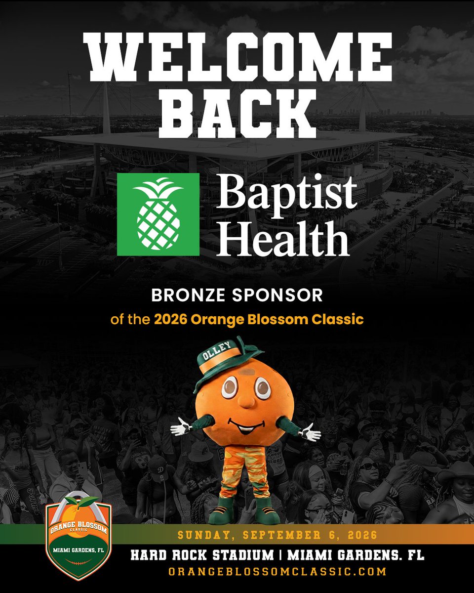 orangeblossomfc's tweet photo. Welcome back to the Orange Blossom Classic.
Weโre proud to partner with @BaptistHealthSF, a Bronze Sponsor of the 2026 Orange Blossom Classic.
Supporting the health and well-being of the community as we bring the OBC experience to life.
#OBC2026 #HBCUWeekend #OneBigCommunity #BaptistHealth