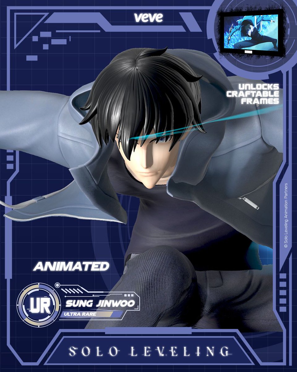 veve_official's tweet photo. The first Solo Leveling character arrives on VeVe.

Sung Jinwoo debuts in three editions, in blind box format, with an exceptionally scarce 58 Special Editions. 

Each edition unlocks a free animated craftable frame.

This is where the rise begins. https://t.co/iBh9t7RzZ3
