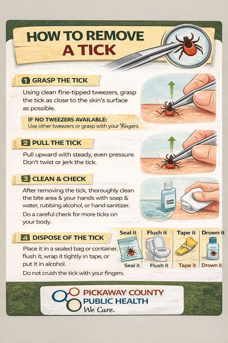 PC_PublicHealth's tweet image. Twitter / X Post

🕷️ Found a tick? Remove it ASAP—don’t wait.

✔️ Use tweezers, pull straight up
✔️ Don’t twist or crush
✔️ Clean the area well
✔️ Check for more ticks

Quick action helps prevent tickborne illness. Stay safe outdoors! 🌿

#PCPH #TickAwareness #StaySafe