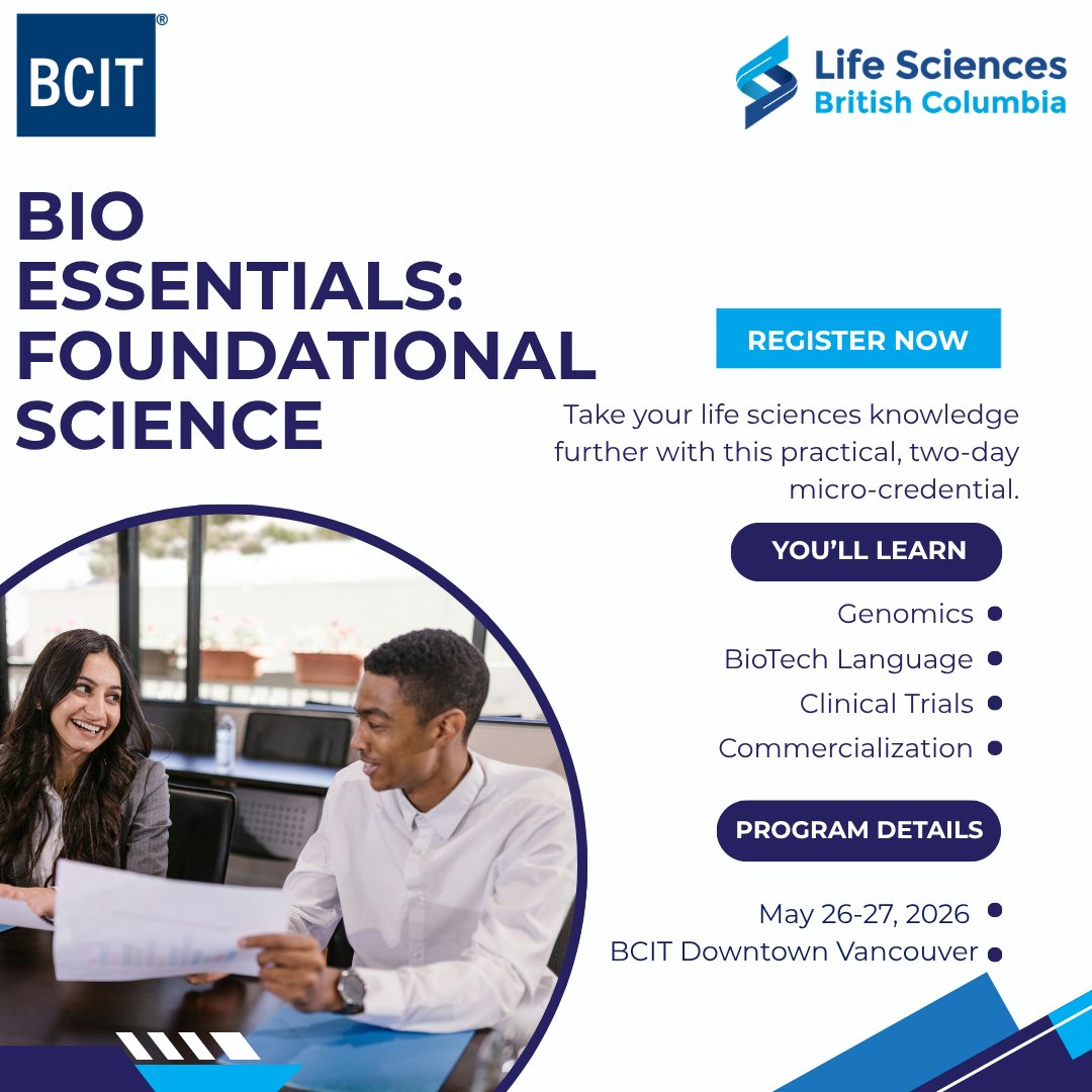 lifesciences_bc's tweet photo. Looking to build a stronger foundation in biotech—without a science background?

Gain practical science knowledge with Life Sciences BC’s Bio Essentials—breaking down DNA, genes, and biotech into real-world insights in two days.

Register here: https://t.co/NC5vAmVQ67 https://t.co/AttALKQONN