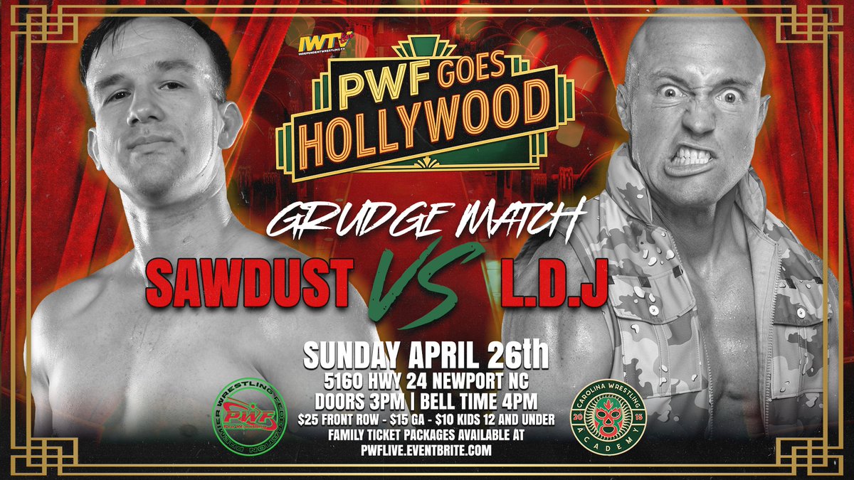 PWFLive's tweet photo. ‼️MATCH ANNOUNCEMENT‼️

Former tag team partners and best friends collide on April 26th when Sawdust takes on "The Sigma Male" LDJ one-on-one in a Grudge Match!

What kind of consequences will this match have on the future of PWF???

Experience the action the best way possible by buying a ticket and being apart of the action or watch LIVE on https://t.co/IVhQzvajVh!

🎥 PWF Goes Hollywood!
📅 Sunday, April 26th
📍 Carolina Wrestling Academy – 5160 Hwy 24, Newport, NC

🚪 Doors: 3pm 
🔔 Bell Time: 4pm

🎟 Secure your seat in advance by buying your tickets now! 

👉 https://t.co/m7O4gaOZN2