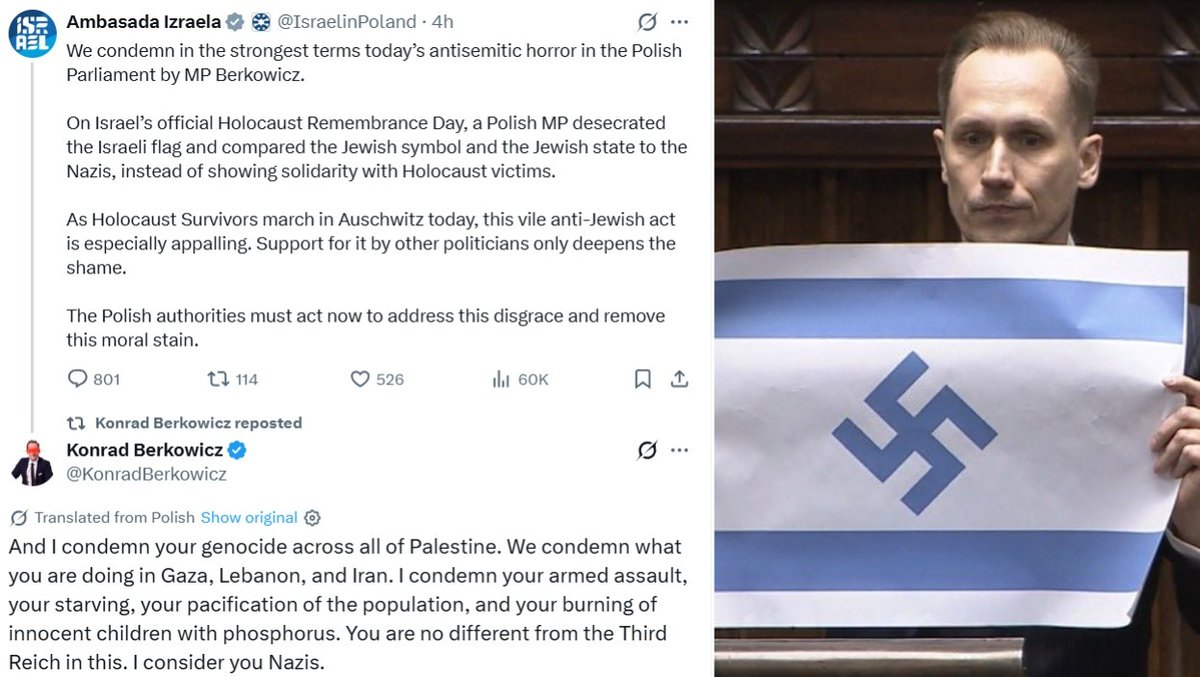🇵🇱🇮🇱 Israel condemns Polish MP Konrad Berkowicz for antisemitic horror in parliament.

Berkowicz displayed an Israeli flag with a swastika and called Israel “Nazis” and “the new Third Reich.” 

When condemned by Israel, he doubled down: “And I condemn your genocide across all of