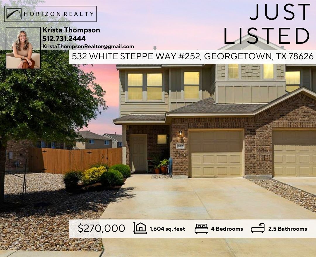 HorizonRealtyTX's tweet image. Horizon Agent, Krista Thompson just listed beautifully maintained 4 bedroom, 2.5 bathroom condo-style home in Georgetown, TX, located in the desirable Saddle Creek neighborhood! #homesweethome #HorizonRealty #justlisted #forsale #RealEstate 
See website: horizonrealtylistings.com/532-white-step…