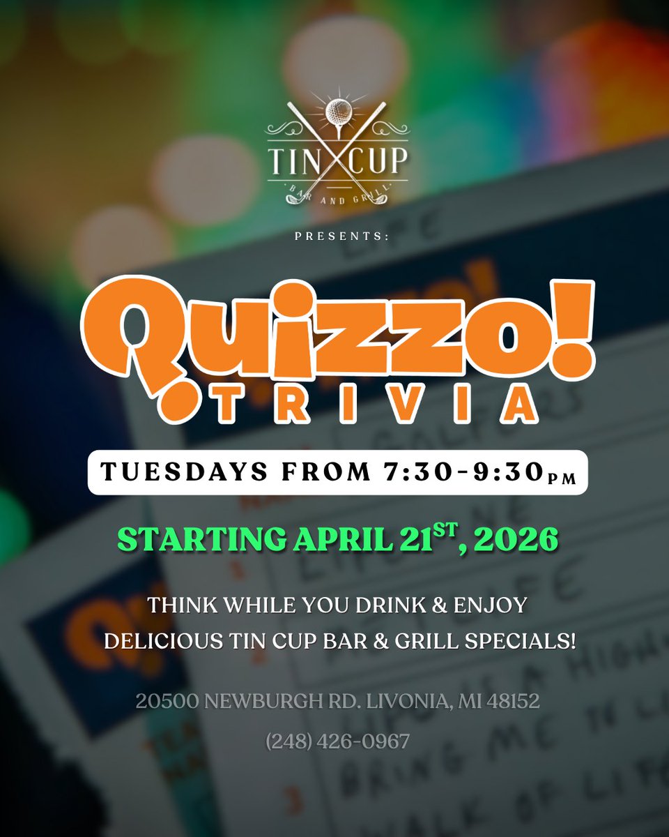 quizzo's tweet photo. New Tuesday plans? Locked in. 🧠🍻
Quizzo Trivia is coming to the Tin Cup Bar &amp; Grill in Livonia! Starting April 21, join us every Tuesday from 7:30–9:30pm for trivia, drinks &amp; prizes.
📍 20500 Newburgh Rd (inside Whispering Willows) 
#TriviaNight #LivoniaMI https://t.co/NUVQduMR3B