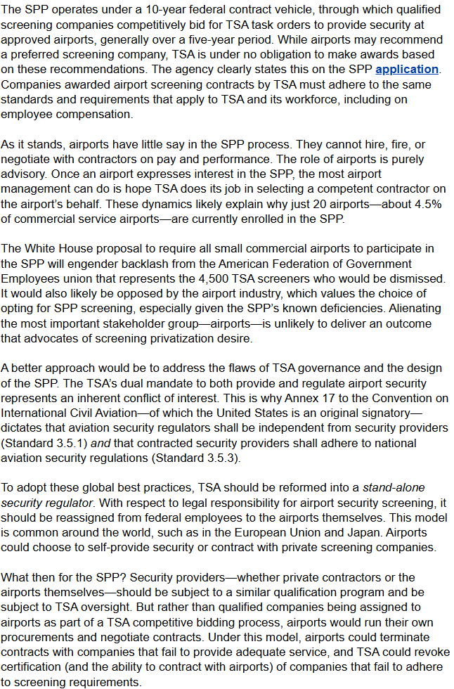 The White House's budget request proposes mandating  small airports adopt TSA-hired contractors through the Screening Partnership Program (SPP). But the SPP is deeply flawed.

In my latest <a href="/ReasonFdn/">Reason Foundation</a>, I explain what's wrong with the SPP and better reforms: reason.org/aviation-polic…