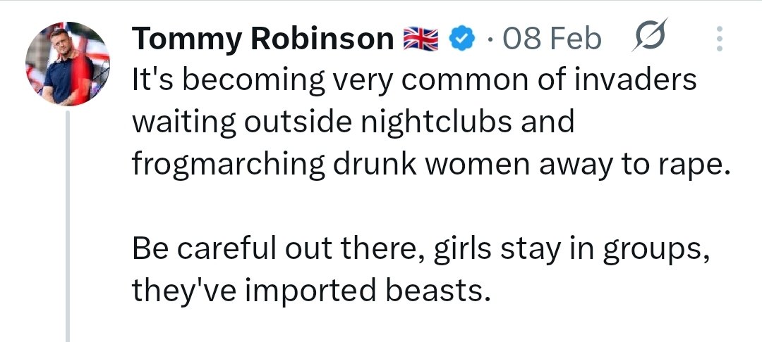 Classic Tommy. He tweets about "invaders" waiting outside clubs for drunk girls, then sits, laughs, &amp; agrees with a predator called "The Midnight," who boasts about waiting until after midnight to target drunk girls &amp; "scoop them up." Tommy even said "good answer" when he