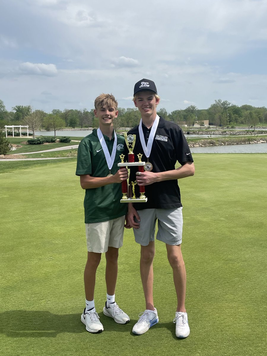 FarmGolf's tweet photo. The Eagles took first place as a team in the Saint Charles West JV invitational. All three of our two man teams placed in the top ten. Mason Bextermueller and Will Hackmann took first place overall. https://t.co/SoBUuWIySa