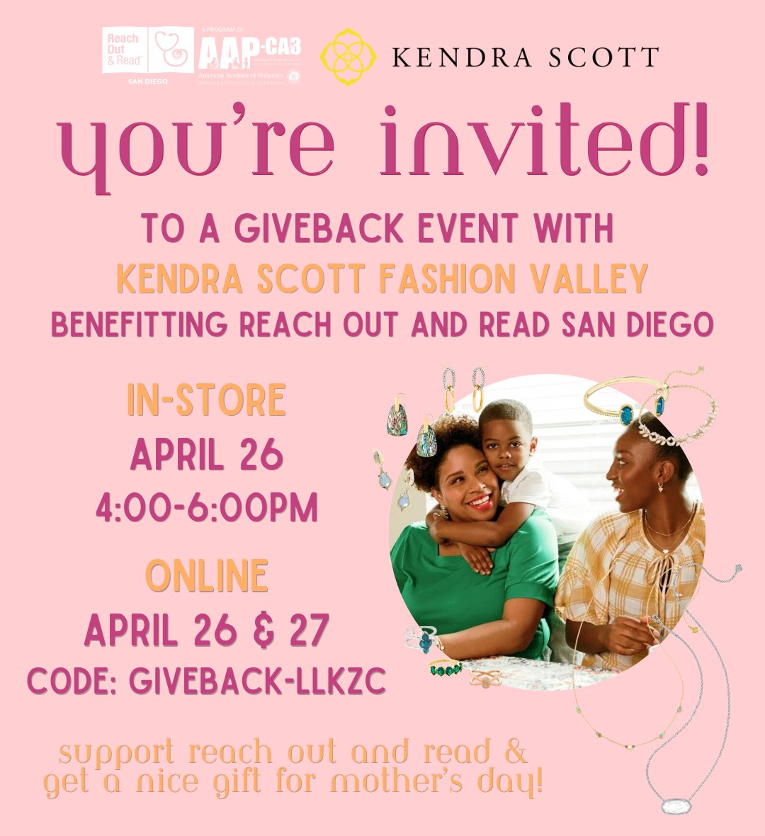AAPCA3's tweet photo. Looking for a gift for Mother's Day (or just to treat yourself)? 

Shop Kendra Scott Fashion Valley in-store from 4-6pm on April 26th and 20% of the proceeds will go to Reach Out and Read San Diego!

Or shop online April 26th &amp; 27th and use code: GIVEBACK-LLKZC

#KendraScott https://t.co/XmJdxAcX7C