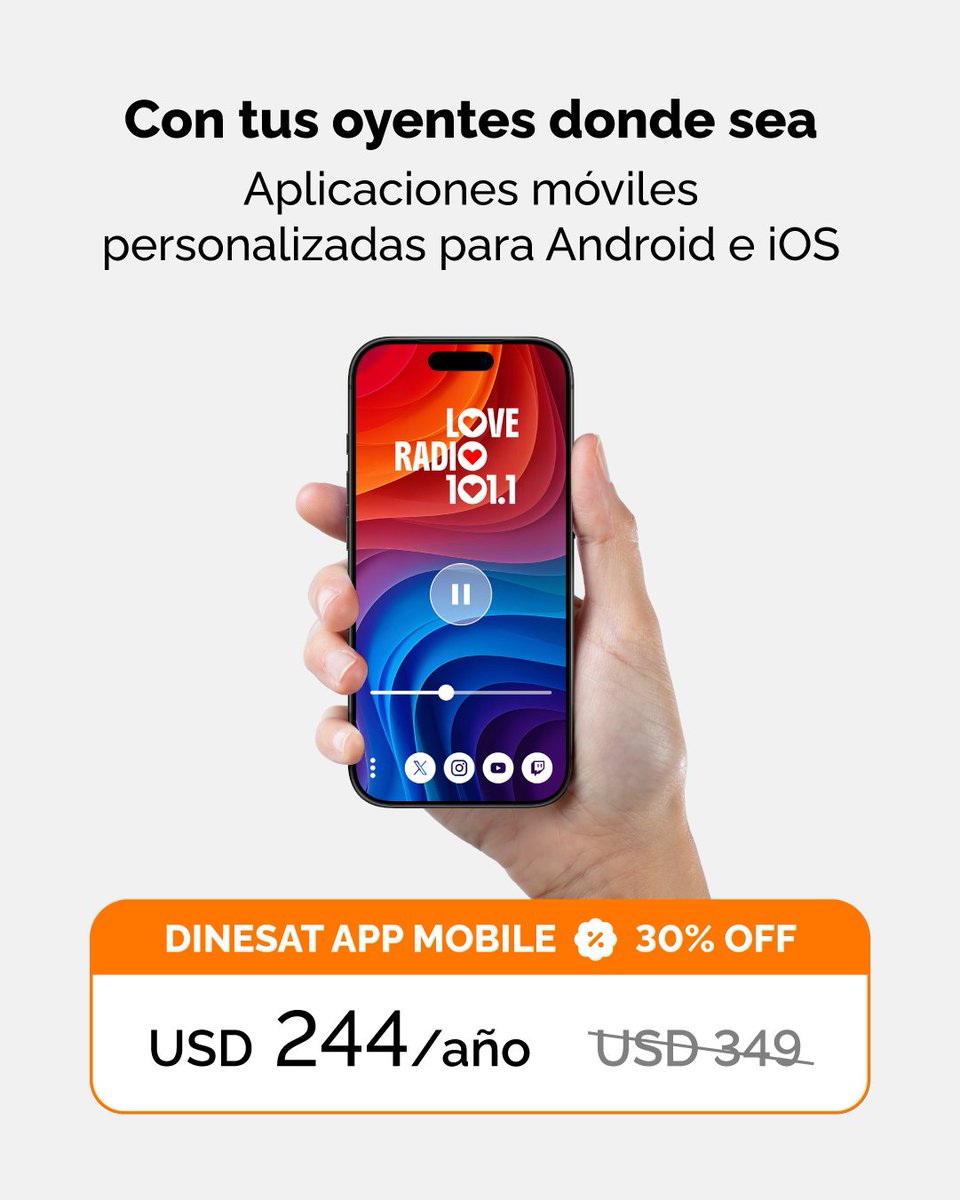 DinesatES's tweet photo. 📱Tu radio en el bolsillo de tu audiencia

Hoy más que nunca, necesitás estar donde están tus oyentes: en su celular.

Lanzá tu propia app para Android e iOS y acompañalos a todos lados 🎧 https://t.co/vlnje3A6fU