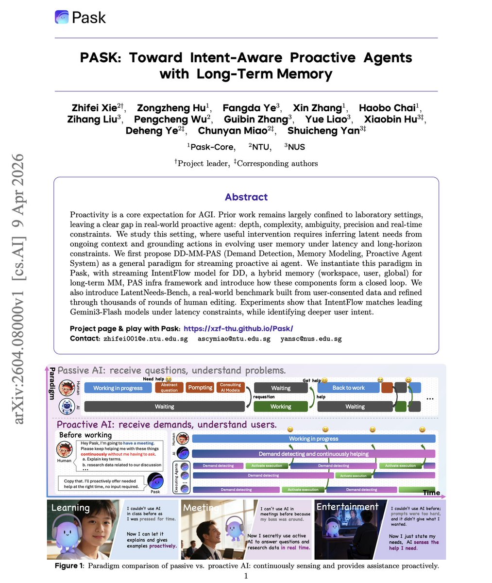 dair_ai's tweet photo. Most AI assistants wait for you to ask.

But a truly useful agent should notice you need help before you say anything.

New research takes a serious shot at building proactive agents that work in real time.

The work introduces PASK with three components: IntentFlow for streaming demand detection, a hybrid memory system (workspace, user, global) for long-term context, and a proactive agent framework that forms a closed loop.

They also release LatentNeeds-Bench, built from real user-consented data refined through thousands of rounds of human editing. IntentFlow scores 84.2 overall, matching Gemini-3-Flash (80.8) while most other models, including GPT-5-Mini (77.2) and Claude-Haiku-4.5 (66.2), struggle badly at this task.

Why does it matter?

The hardest part isn't complex reasoning. It's reliably detecting when a user has an unstated need versus when they don't.

Most models are either too helpful or too silent, but rarely both calibrated. This is one of the first systems to tackle proactive assistance as a real product problem.

Paper: https://t.co/EYIt2pv6fQ

Learn to build effective AI agents in our academy: https://t.co/LRnpZN7L4c