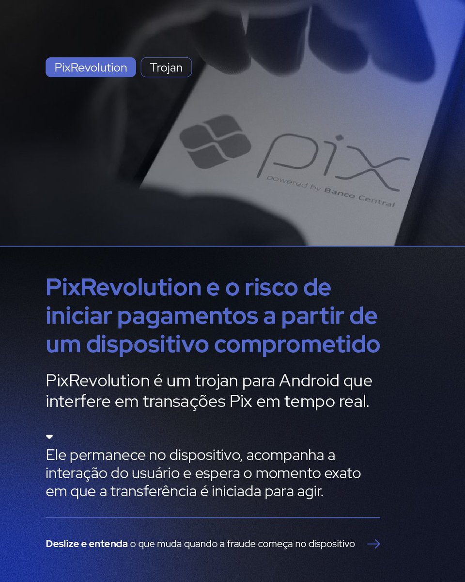 gmsectec_bra's tweet photo. 🔎📱 PixRevolution chama atenção para um problema cada vez mais sério no universo de pagamentos. Uma operação pode parecer legítima no sistema e, ainda assim, ter sido iniciada a partir de um dispositivo já comprometido.

#Pix #SegurancaMobile #GMsectec https://t.co/O4Yw46G3rX