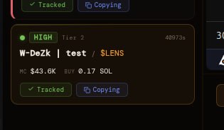 LensProjectSOL's tweet photo. Lens Terminal - Copy Trading, Smart Alerts & Desktop Notifications (coming soon) 

We've been building. Here's what's new:

Copy Trading:

You can auto-copy trades from any wallet you track. Hit the Copy button on any alert card, set your buy amount and TP/SL in the Copy Trading panel, and Lens handles the rest. When that wallet buys, you buy.

 When your position hits take-profit or stop-loss - auto-sold. No babysitting.

- Per-wallet copy toggle - track some, copy some

- Configurable buy amount, TP %, SL %, partial sells

- 24h dedup so you don't double-buy the same token

- Full transaction history with COPY/TP/SL tags
Alert System

- Every tracked wallet is scanned in real-time. 

- Alerts are scored HIGH/MED/LOW based on liquidity, entry MC, buy size, and wallet behaviour. Convergence detection flags when multiple tracked wallets buy the same token within 10 minutes.

Desktop Notifications + Sound:

New alerts now push desktop notifications with sound. Toggle both from the notification bell in the header. Works in the background so you don't miss a signal.

Token Images + Real PnL:

Position cards now show token images from SolanaTracker. PnL is pulled from SolanaTracker's API - real realized/unrealized, not just price estimates. Display in USD, SOL, or %.

Transaction History:

Every trade (manual, copy, TP, SL) is logged with full details - token, amount, MC at time of trade, signature, SolScan link. Filter by type to see exactly what your copy trader has been doing.

All of this is in deep testing currently. More info coming soon. 🎯