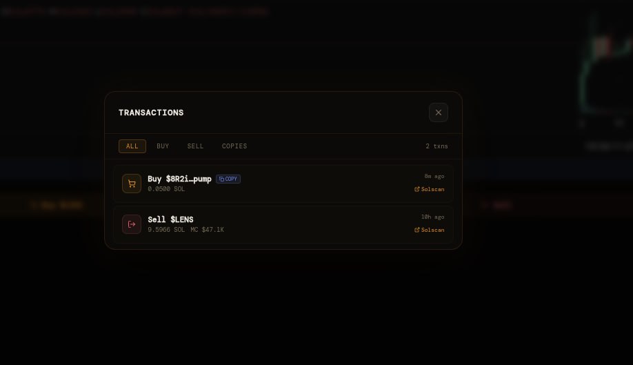 LensProjectSOL's tweet photo. Lens Terminal - Copy Trading, Smart Alerts & Desktop Notifications (coming soon) 

We've been building. Here's what's new:

Copy Trading:

You can auto-copy trades from any wallet you track. Hit the Copy button on any alert card, set your buy amount and TP/SL in the Copy Trading panel, and Lens handles the rest. When that wallet buys, you buy.

 When your position hits take-profit or stop-loss - auto-sold. No babysitting.

- Per-wallet copy toggle - track some, copy some

- Configurable buy amount, TP %, SL %, partial sells

- 24h dedup so you don't double-buy the same token

- Full transaction history with COPY/TP/SL tags
Alert System

- Every tracked wallet is scanned in real-time. 

- Alerts are scored HIGH/MED/LOW based on liquidity, entry MC, buy size, and wallet behaviour. Convergence detection flags when multiple tracked wallets buy the same token within 10 minutes.

Desktop Notifications + Sound:

New alerts now push desktop notifications with sound. Toggle both from the notification bell in the header. Works in the background so you don't miss a signal.

Token Images + Real PnL:

Position cards now show token images from SolanaTracker. PnL is pulled from SolanaTracker's API - real realized/unrealized, not just price estimates. Display in USD, SOL, or %.

Transaction History:

Every trade (manual, copy, TP, SL) is logged with full details - token, amount, MC at time of trade, signature, SolScan link. Filter by type to see exactly what your copy trader has been doing.

All of this is in deep testing currently. More info coming soon. 🎯